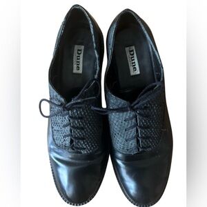 Dune London Black Leather Laceup Oxfords with Snakeskin Accent, Size 39/8